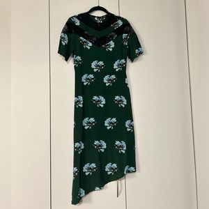 Maje, silk green floral midi dress with lace detail, size 1